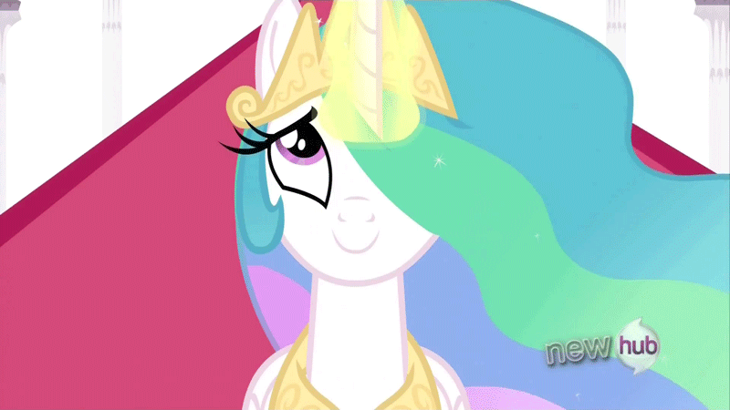 Size: 800x450 | Tagged: safe, screencap, character:princess celestia, episode:the crystal empire, g4, my little pony: friendship is magic, animated, crystal empire, glowing horn, hair over one eye, horn, hub logo, looking up, magic, smiling, solo