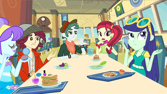 Size: 576x324 | Tagged: safe, screencap, character:aqua blossom, character:blueberry cake, character:normal norman, character:scott green, ship:normalcake, equestria girls:equestria girls, g4, my little pony:equestria girls, animated, background human, blueberry cake, clique, fashionista, gif, rose heart, scott green, shipping