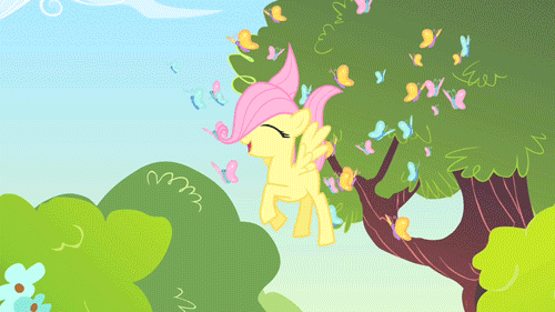 Size: 500x281 | Tagged: safe, screencap, character:fluttershy, species:bird, species:rabbit, episode:the cutie mark chronicles, g4, my little pony: friendship is magic, animated, blank flank, butterfly, female, filly, filly fluttershy, flying, solo, younger