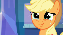 Size: 853x480 | Tagged: safe, screencap, character:applejack, my little pony:equestria girls, crying, solo