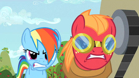 Size: 450x253 | Tagged: safe, screencap, character:big mcintosh, character:rainbow dash, species:earth pony, species:pony, episode:the super speedy cider squeezy 6000, g4, my little pony: friendship is magic, animated, duo, goggles, gritted teeth, loop, male, running, stallion, treadmill