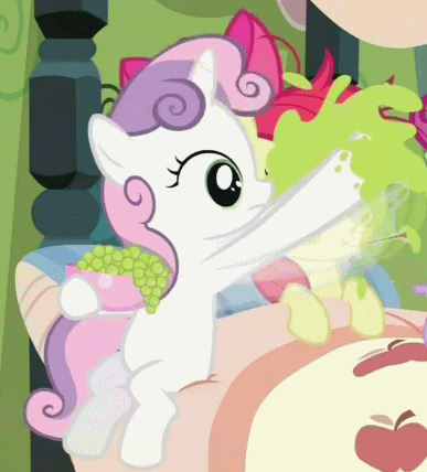 Size: 387x428 | Tagged: safe, screencap, character:apple bloom, character:sweetie belle, species:earth pony, species:pony, species:unicorn, episode:family appreciation day, g4, my little pony: friendship is magic, animated, blinking, bowl, female, filly, food, gif, grapes, messy, season 2