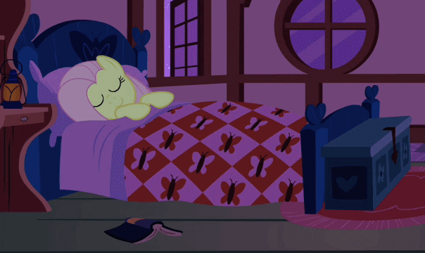 Size: 604x360 | Tagged: safe, screencap, character:fluttershy, episode:the super speedy cider squeezy 6000, g4, my little pony: friendship is magic, animated, bed, cropped, fluttershy's cottage, loop, night, sleeping, solo