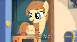 Size: 853x467 | Tagged: safe, screencap, oc, oc only, oc:cream heart, species:earth pony, species:pony, button's adventures, cutie mark, female, hooves, mare, meme, open mouth, solo, subtitles, text, youtube caption