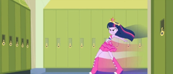 Size: 1360x582 | Tagged: safe, screencap, character:twilight sparkle, equestria girls:equestria girls, g4, my little pony:equestria girls, big crown thingy, boots, crown, fall formal outfits, flash step, hallway, high heel boots, jewelry, lockers, regalia, solo, twilight ball dress