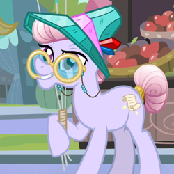 Size: 550x550 | Tagged: safe, screencap, character:amethyst maresbury, species:crystal pony, species:pony, episode:the crystal empire, g4, my little pony: friendship is magic, agate, agatha, apple, balloon, clothing, grin, hat, holding, raised hoof, smiling, solo, tail wrap