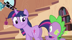 Size: 993x559 | Tagged: safe, screencap, character:spike, character:twilight sparkle, character:twilight sparkle (unicorn), species:dragon, species:pony, species:unicorn, episode:lesson zero, g4, my little pony: friendship is magic, butt, duo, female, male, mare, out of context, plot, twibutt