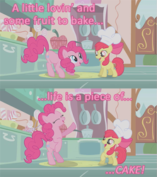 Size: 563x634 | Tagged: safe, screencap, character:apple bloom, character:pinkie pie, image macro, pink text, song reference, the eraserheads