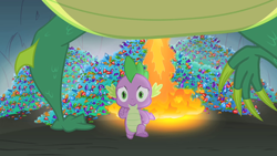 Size: 1280x720 | Tagged: safe, screencap, character:spike, species:dragon, episode:owl's well that ends well, g4, my little pony: friendship is magic, dragon hoard, fire, fire breath, gem, green dragon, hoard, reginald, running, treasure