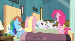 Size: 636x347 | Tagged: safe, screencap, character:fluttershy, character:pinkie pie, character:rainbow dash, episode:read it and weep, g4, my little pony: friendship is magic, bed, youtube caption
