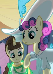 Size: 643x896 | Tagged: safe, screencap, character:bon bon, character:fine line, character:sweetie drops, species:earth pony, species:pony, species:unicorn, episode:a canterlot wedding, g4, my little pony: friendship is magic, alternate hairstyle, backlighting, bonabelle bonette, clothing, female, hat