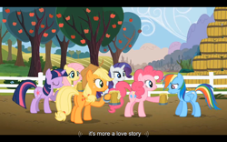 Size: 1024x640 | Tagged: safe, screencap, character:applejack, character:fluttershy, character:pinkie pie, character:rainbow dash, character:rarity, character:twilight sparkle, episode:the super speedy cider squeezy 6000, g4, my little pony: friendship is magic, cider, love story, youtube caption