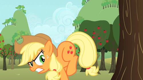 Size: 500x281 | Tagged: safe, screencap, character:applejack, episode:the super speedy cider squeezy 6000, g4, my little pony: friendship is magic, animated, apple, apple tree, bucking, gritted teeth, kicking, solo, sweat, sweet apple acres, tree