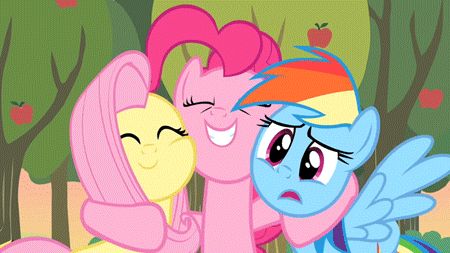 Size: 450x253 | Tagged: safe, screencap, character:fluttershy, character:pinkie pie, character:rainbow dash, episode:the super speedy cider squeezy 6000, g4, my little pony: friendship is magic, animated, apple, apple tree, eyes closed, hoof around neck, hug, nose in the air, side hug, squishy cheeks, sweet apple acres, tree
