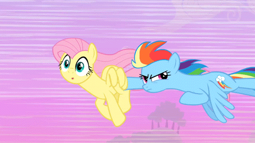 Size: 500x281 | Tagged: safe, screencap, character:fluttershy, character:rainbow dash, episode:the super speedy cider squeezy 6000, g4, my little pony: friendship is magic, animated, duo, flying, pushing, speed lines, windswept mane, zip lines