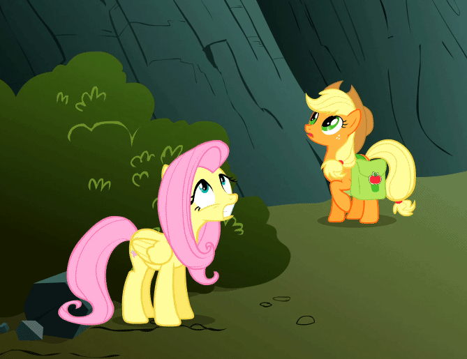 Size: 669x515 | Tagged: safe, screencap, character:applejack, character:fluttershy, species:earth pony, species:pegasus, species:pony, episode:dragonshy, g4, my little pony: friendship is magic, animated, fainting goat
