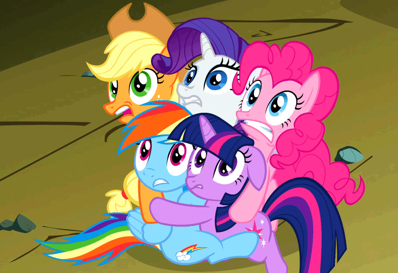 Size: 788x540 | Tagged: safe, screencap, character:applejack, character:pinkie pie, character:rainbow dash, character:rarity, character:twilight sparkle, species:earth pony, species:pegasus, species:pony, species:unicorn, episode:dragonshy, g4, my little pony: friendship is magic, animated, blinking, clinging, clothing, cowboy hat, female, floppy ears, freckles, frown, gritted teeth, group hug, hat, hug, mare, open mouth, reaction image, scared, shivering, stetson, terrified, wide eyes