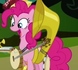 Size: 250x224 | Tagged: safe, screencap, character:pinkie pie, species:earth pony, species:pony, episode:swarm of the century, g4, my little pony: friendship is magic, accordion, banjo, cropped, cymbals, female, harmonica, mare, musical instrument, one-pony band, open mouth, solo, sousaphone, tambourine, trombone