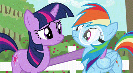 Size: 430x237 | Tagged: safe, screencap, character:rainbow dash, character:twilight sparkle, episode:lesson zero, g4, my little pony: friendship is magic, animated, duo, face grab, goggles, hub logo, safety goggles