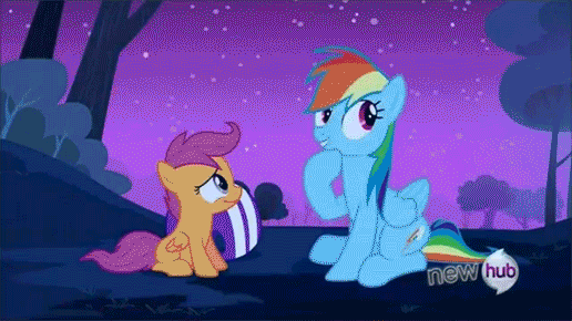Size: 516x290 | Tagged: safe, screencap, character:rainbow dash, character:scootaloo, species:pegasus, species:pony, episode:sleepless in ponyville, g4, my little pony: friendship is magic, animated, hub logo, hug, scootalove, snuggling, wing pull, winghug