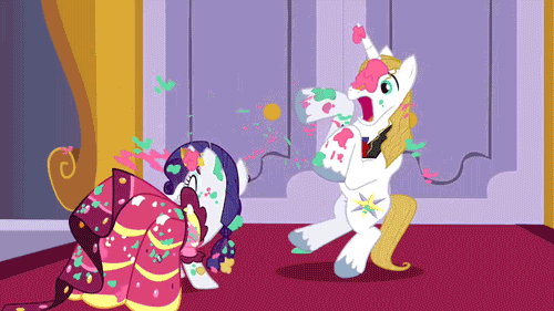 Size: 500x281 | Tagged: safe, screencap, character:prince blueblood, character:rarity, species:pony, species:unicorn, episode:the best night ever, g4, my little pony: friendship is magic, alternative cutie mark placement, angry, animated, animation error, behaving like a dog, bipedal, cake, clothing, drama king, dress, duo, female, furious, gala dress, head shake, inner thigh cutie mark, karma, male, mare, messy, rarity is not amused, revenge, sin of wrath, stallion, unamused, unshorn fetlocks
