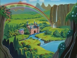Size: 710x540 | Tagged: safe, screencap, episode:escape from catrina, g1, beautiful, castle, dream castle, dream valley, rainbow, river, scenery, valley, waterfall