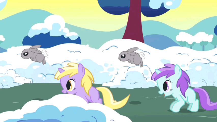 Size: 853x480 | Tagged: safe, screencap, character:dinky hooves, character:liza doolots, character:petunia, character:tootsie flute, species:rabbit, episode:winter wrap up, g4, my little pony: friendship is magic, animated, cute, dinkabetes, filly, jumping, pronking, snow, tootsie cute