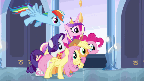 Size: 480x270 | Tagged: safe, screencap, character:applejack, character:flash sentry, character:fluttershy, character:pinkie pie, character:princess cadance, character:rainbow dash, character:rarity, character:twilight sparkle, character:twilight sparkle (alicorn), species:alicorn, species:earth pony, species:pegasus, species:pony, species:unicorn, my little pony:equestria girls, animated, armor, blushing, crown, female, flash sentry gets all the mares, guard, harem, male, mane six