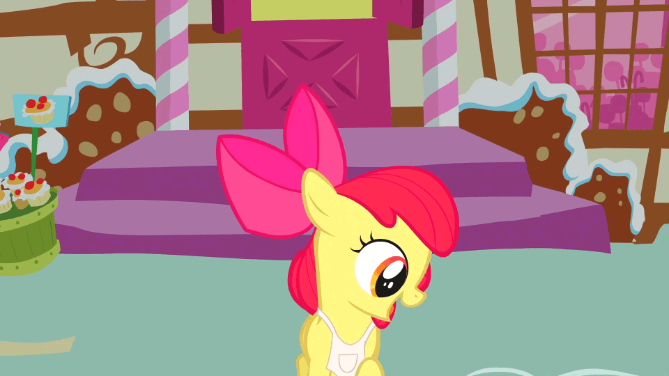 Size: 960x540 | Tagged: safe, screencap, character:apple bloom, episode:call of the cutie, g4, my little pony: friendship is magic, adorabloom, animated, apron, behaving like a dog, chasing own tail, clothing, cuddly, cute, cuteness overload, cutest pony alive, cutest pony ever, dawwww, funny, good trick, hnnng, huggable, loop, open mouth, smiling, solo, spinning, talking, weapons-grade cute