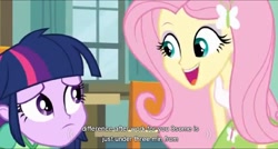 Size: 1577x845 | Tagged: safe, screencap, character:fluttershy, character:twilight sparkle, my little pony:equestria girls, implied group sex, implied sex, implied threesome, meme, youtube caption, youtube link