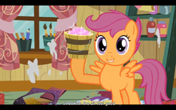Size: 1024x640 | Tagged: safe, screencap, character:scootaloo, species:pegasus, species:pony, episode:hearts and hooves day, g4, my little pony: friendship is magic, bucket, glitter, solo, youtube caption