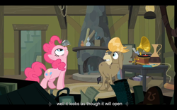 Size: 1024x640 | Tagged: safe, screencap, character:cranky doodle donkey, character:pinkie pie, species:donkey, species:earth pony, species:pony, episode:a friend in deed, g4, my little pony: friendship is magic, snow globe, youtube caption