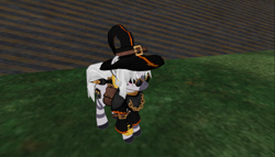 Size: 1536x878 | Tagged: safe, screencap, species:zebra, clothing, hat, outfit, second life, sunglasses, sword, witch, witch hat