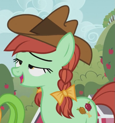 Size: 629x672 | Tagged: safe, screencap, character:candy apples, species:earth pony, species:pony, episode:apple family reunion, g4, my little pony: friendship is magic, apple family member, background pony, bow, braid, clothing, cowboy hat, cropped, female, hair bow, hat, lidded eyes, mare, mid-blink screencap, open mouth, out of context, solo focus, stetson