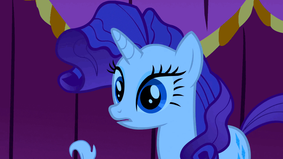 Size: 960x540 | Tagged: safe, screencap, character:opalescence, character:rarity, episode:suited for success, g4, my little pony: friendship is magic, animated, cute, duo, eyes closed, frown, marshmelodrama, messy mane, open mouth, prone, scared, shivering, wide eyes