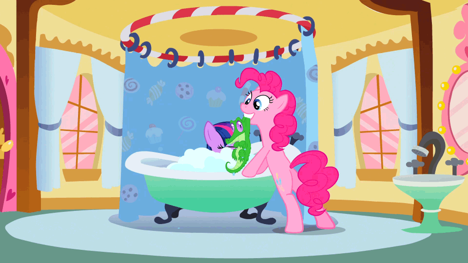 Size: 960x540 | Tagged: safe, screencap, character:gummy, character:pinkie pie, character:twilight sparkle, episode:feeling pinkie keen, g4, my little pony: friendship is magic, animated, bath, bathroom, bathtub, behaving like a cat, bipedal leaning, grin, gritted teeth, mouth hold, pinkie cat, pointing, scared, screaming, scruff, smiling, talking, twilight cat, wet, wet mane