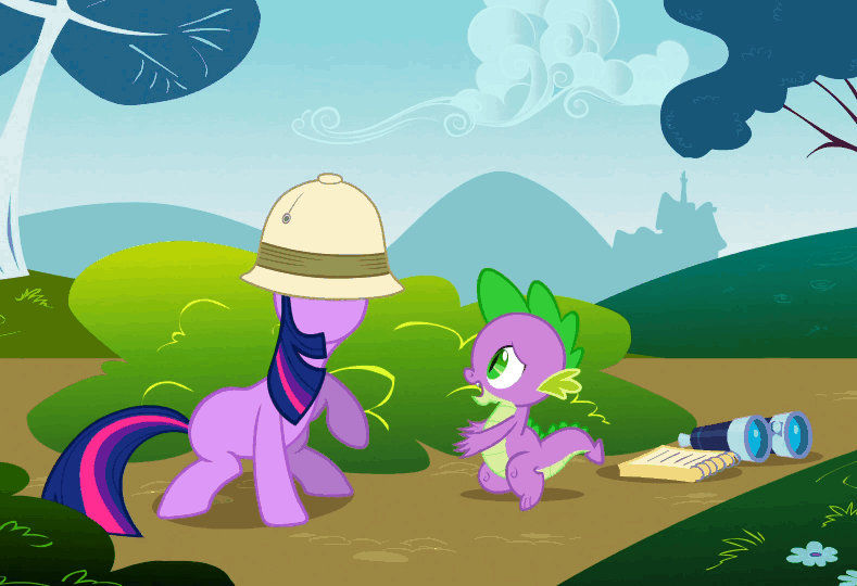 Size: 789x540 | Tagged: safe, screencap, character:spike, character:twilight sparkle, episode:feeling pinkie keen, g4, my little pony: friendship is magic, animated, clothing, hat, out of context, pinned, pith helmet, pounce