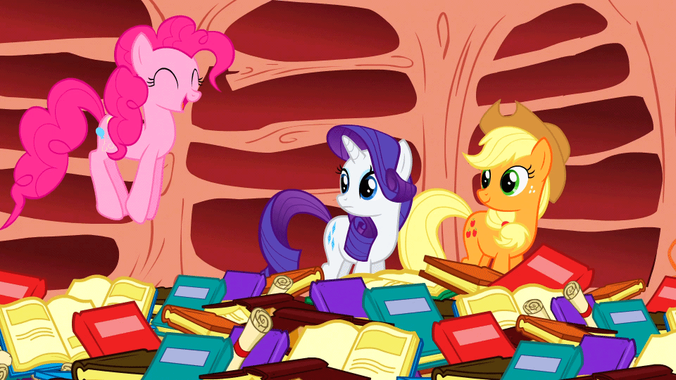 Size: 960x540 | Tagged: safe, screencap, character:applejack, character:pinkie pie, character:rarity, episode:sonic rainboom, g4, my little pony: friendship is magic, animated, animation error, episode, golden oaks library, hopping, pile, pinkie bounce, pronking