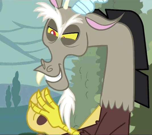 Size: 534x477 | Tagged: safe, screencap, character:discord, species:draconequus, episode:the return of harmony, g4, my little pony: friendship is magic, adorabolical, animated, cute, discute, evil grin, grin, loop, male, pure unfiltered evil, reaction image, smiling, solo