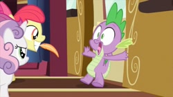 Size: 853x480 | Tagged: safe, screencap, character:apple bloom, character:spike, character:sweetie belle, episode:just for sidekicks, g4, my little pony: friendship is magic, feather, imminent tickles, oh crap, out of context
