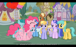 Size: 1024x640 | Tagged: safe, screencap, character:amethyst star, character:aura, character:cloud kicker, character:dinky hooves, character:doctor whooves, character:liza doolots, character:meadow song, character:minuette, character:petunia, character:pinkie pie, character:sea swirl, character:sparkler, character:spring melody, character:sprinkle medley, character:sunshower raindrops, character:time turner, character:tootsie flute, episode:it's about time, g4, my little pony: friendship is magic, panic, pinkie being pinkie, pinkie physics, youtube caption