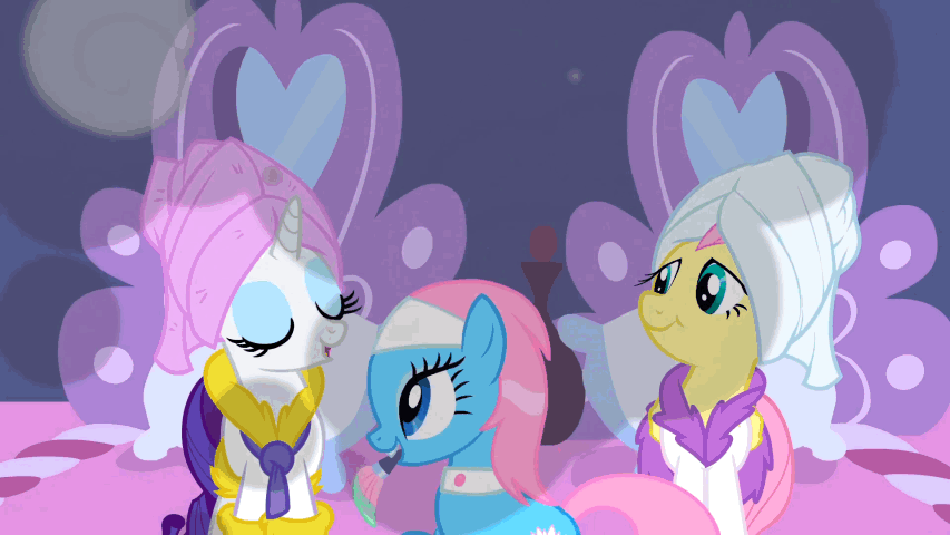 Size: 853x480 | Tagged: safe, screencap, character:aloe, character:fluttershy, character:lotus blossom, character:rarity, episode:green isn't your color, g4, my little pony: friendship is magic, animated, bathrobe, brush, clothing, head towel, mouth hold, mud mask, robe, spa, spa twins, towel, towel on head, working