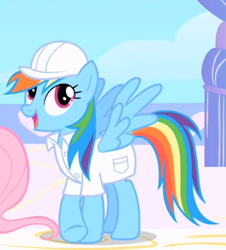 Size: 359x397 | Tagged: safe, screencap, character:fluttershy, character:rainbow dash, species:pegasus, species:pony, episode:sonic rainboom, g4, my little pony: friendship is magic, clothing, cloudsdale, cropped, female, hard hat, hat, lab coat, mare, open mouth, solo focus, weather factory uniform