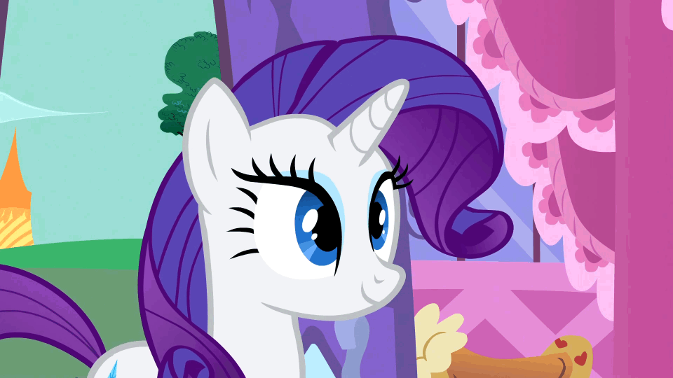 Size: 960x540 | Tagged: safe, screencap, character:rarity, species:pony, species:unicorn, episode:green isn't your color, g4, my little pony: friendship is magic, animated, blushing, cute, excited, eyes closed, female, gif, grin, happy, laughing, lip bite, mare, open mouth, pronking, raribetes, smiling, solo, wahaha, weapons-grade cute
