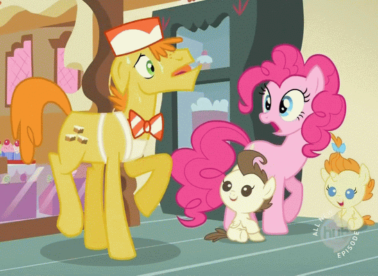 Size: 545x398 | Tagged: safe, screencap, character:carrot cake, character:pinkie pie, character:pound cake, character:pumpkin cake, episode:baby cakes, g4, my little pony: friendship is magic, animated, cake twins, hub logo, loop, trotting, trotting in place