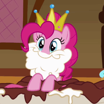 Size: 360x360 | Tagged: safe, screencap, character:pinkie pie, episode:swarm of the century, g4, my little pony: friendship is magic, animated, cake, crown, eating, fake beard, food, solo, whip cream beard, whipped cream