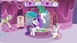 Size: 1280x722 | Tagged: safe, screencap, character:rarity, character:sweetie belle, episode:ponyville confidential, g4, my little pony: friendship is magic, bridle, carousel boutique, clothing, dress, dress form, feather, mannequin, notebook, outfit, pencil, pincushion, reporter