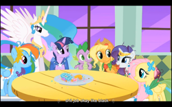 Size: 1024x640 | Tagged: safe, screencap, character:applejack, character:fluttershy, character:princess celestia, character:rainbow dash, character:rarity, character:spike, character:twilight sparkle, episode:the best night ever, g4, my little pony: friendship is magic, vulgar, youtube caption