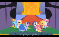 Size: 1024x640 | Tagged: safe, screencap, character:applejack, character:fluttershy, character:pinkie pie, character:rainbow dash, character:rarity, character:twilight sparkle, episode:the best night ever, g4, my little pony: friendship is magic, clothing, dress, gala dress, grand galloping gala, mane six, youtube caption