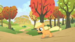 Size: 1280x720 | Tagged: safe, screencap, character:applejack, species:earth pony, species:pony, episode:the cutie mark chronicles, g4, my little pony: friendship is magic, apple orchard, apple tree, autumn, blank flank, cute, female, filly, filly applejack, freckles, jackabetes, orchard, running, smiling, solo, sweet apple acres, tree, younger